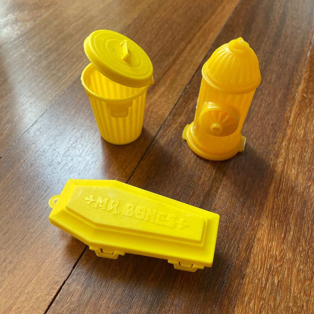 Three (3) Yellow Vintage Candy Containers - Garbage Can, Fire Hydrant & Coffin